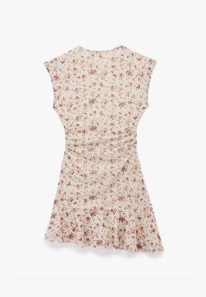 Bloemenjurk met een crèmekleurige achtergrond met een roze en bruine bloemenprint, kapmouwen en een uitlopende volantszoom. Licht, textielachtig materiaal.