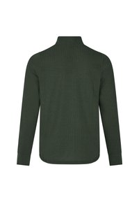 Langarmshirt in donkergroen tekstuurtstof, met een hoge kraag en rechte zoom. De achterkant toont minimale details en geen zichtbare hardware.