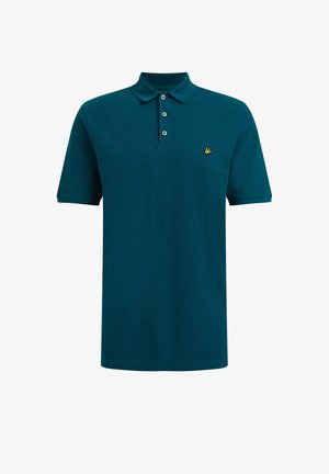 Tricou polo cu mânecă scurtă, culoare teal, cu trei nasturi și un mic logo galben brodat pe pieptul stâng.