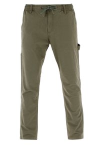 Slim-fit olive green trousers with drawstring waist, belt loops, and side pocket loop, displayed on a white background.