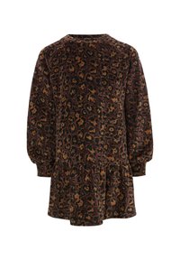 Langpofmige jurk met een bruin, zwart en tan luipaardprint, voorzien van een drop waist en een gathered rokdetail.