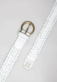 White braided leather belt with a round gold-tone metal buckle and leather strap end featuring a small embossed logo.