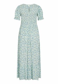 Robe maxi bleu clair à petit imprimé floral bleu, manches courtes bouffantes avec poignets à volants et corsage smocké avec ouverture dos en forme de goutte.