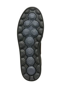 Suola di scarpa nera con cuscinetti ammortizzanti arrotondati disposti in un motivo a schema, realizzata in gomma testurizzata per aderenza e durata.