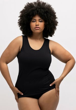 Costume da bagno tankini nero con scollo a gomito e spalline larghe. Realizzato in tessuto morbido e elasticizzato con un design aderente, ideale per il comfort.