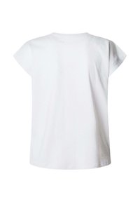 Bílý bavlněný tričko s kulatým výstřihem a krátkými rukávy s cap sleeve. Zadní strana má jednoduchý, nezdobený design se rovnými okraji.