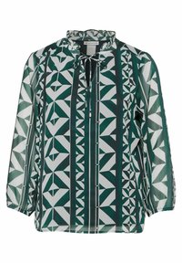 Blusa a maniche lunghe, con motivo e colletto alto arricciato, caratterizzata da design geometrici in verde, bianco e nero. Il materiale ha una texture trasparente.