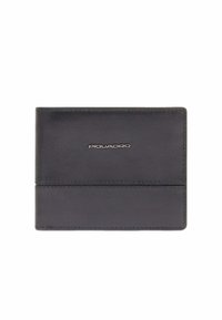 Black leather bi-fold wallet with stitched edges and silver "Piquadro" logo centered on the front panel.
