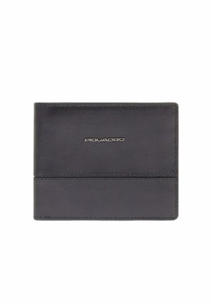 Black leather bi-fold wallet with stitched edges and silver "Piquadro" logo centered on the front panel.