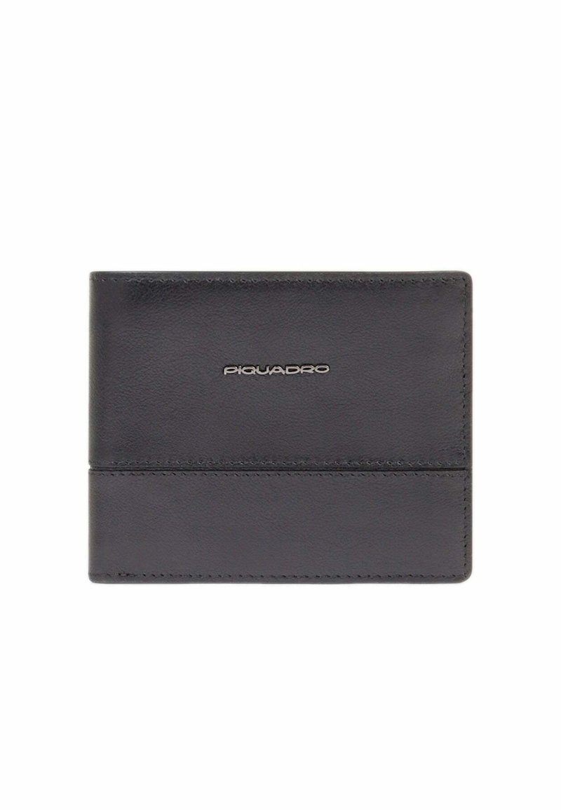 Black leather bi-fold wallet with stitched edges and silver "Piquadro" logo centered on the front panel.