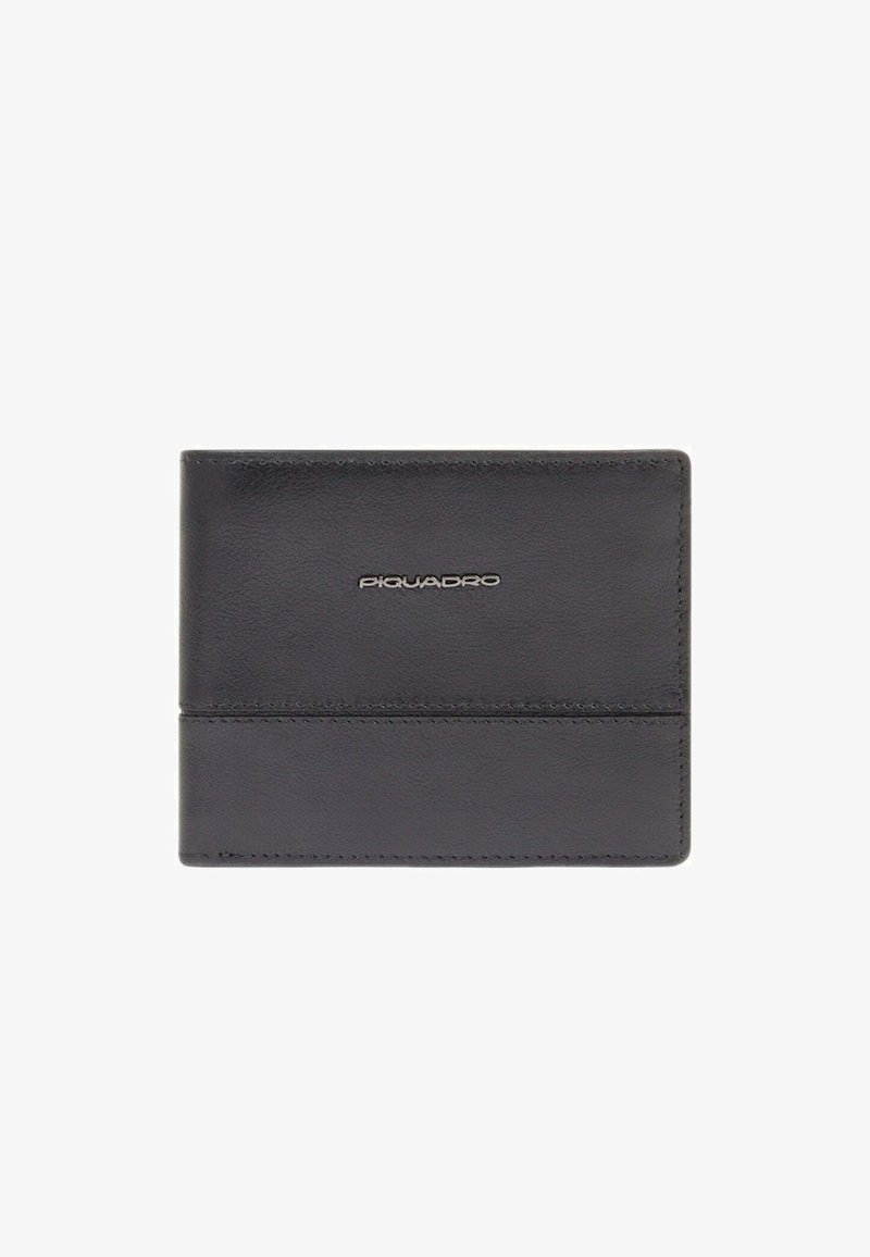 Portafoglio bifold in pelle nera con bordi cuciti e logo "Piquadro" in argento centrato sul pannello frontale.
