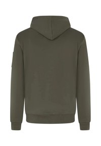 Sudadera verde oliva, mezcla de algodón, con un bolsillo canguro frontal, puños ajustados y capucha con cordón, presentando una textura suave y un diseño minimalista.