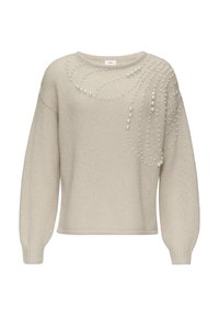 Beige gestrickter Pullover mit langen Ärmeln, der Perlenakzente aufweist, die in wirbelnden Mustern auf der Vorderseite angeordnet sind. Rundhalsausschnitt, lockere Passform.