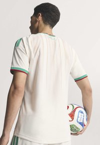 White soccer jersey with green and red accents, short sleeves, featuring vertical stripes and a textured design. Player holds a colorful soccer ball.