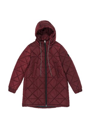 Chaqueta acolchada burdeos con capucha, cierre frontal con cremallera, cordón ajustable y dos bolsillos delanteros. Tejido texturizado con patrón de diamantes.