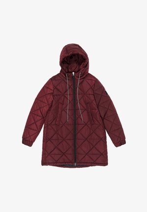 Burgundy quilted puffer jacket with a hood, front zip closure, drawstring, and two front pockets. Textured fabric with diamond pattern.