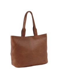 Hnědá kožená taška přes rameno s dvojitými uchy, která se vyznačuje elegantními bočními stranami, hladkým povrchem a dekoračním švem. Univerzální, prostorný design.