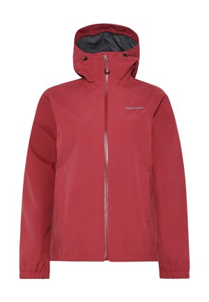 Punainen vedenpitävä takki hupulla, vetoketjulla edessä ja joustavilla hihansuilla. Täysin sileäpintainen, hopeinen logo ja kaksi sivutaskua.