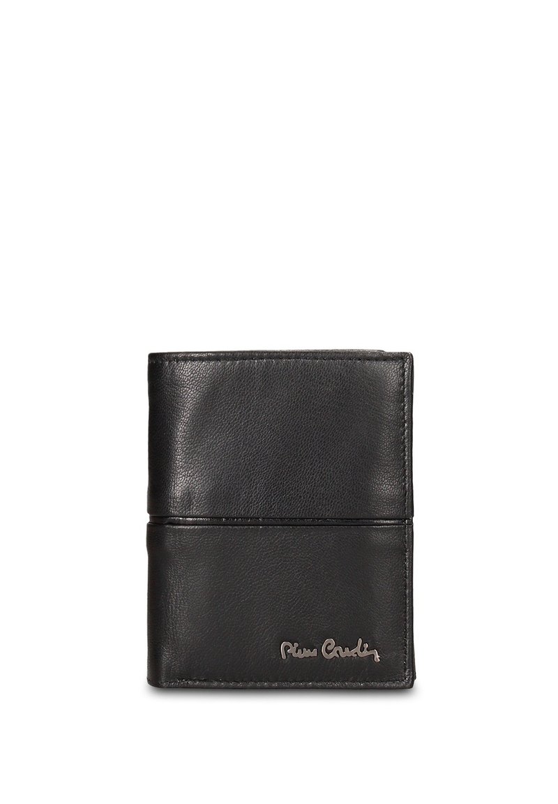 Portafoglio in pelle nera con superficie testurizzata, design bifold e marchio discreto nell'angolo inferiore. Aspetto minimalista senza motivi.