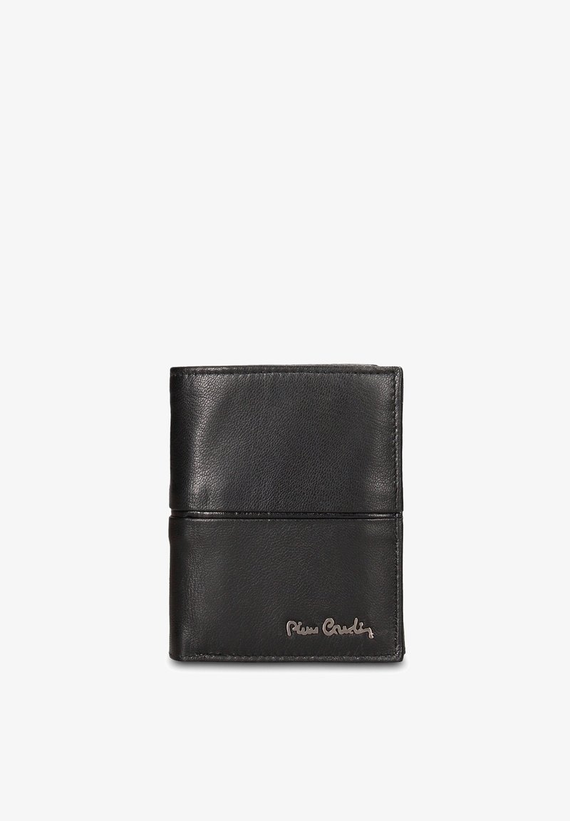 Portafoglio in pelle nera con superficie testurizzata, design bifold e marchio discreto nell'angolo inferiore. Aspetto minimalista senza motivi.