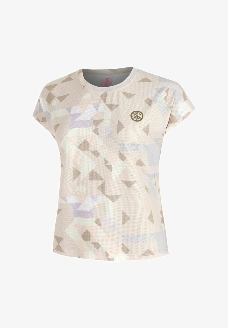 Camisa de manga corta color beige claro con un patrón geométrico en suaves tonos pastel. Presenta un escote redondo y un pequeño logo en el pecho.