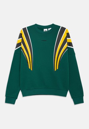 Dunkelgrünes Sweatshirt mit Rundhalsausschnitt und gelben, schwarzen sowie weißen geschwungenen Streifen auf den Schultern und oberen Ärmeln, mit kleinem schwarzem Logo mittig auf der Brust.