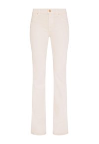 Witte flared jeans van denim, met een vijf-pocket ontwerp, een knoop- en ritssluiting en hardware in goudkleur. Vloeiende textuur overal.