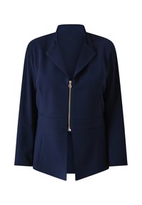 Veste marine en tissu doux, dotée d'un large col, d'une fermeture éclair à l'avant et d'une base évasée avec un design fendu.