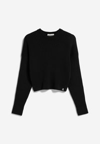 Pull noir court avec un design côtelé, un col rond et des manches longues, orné d'un petit logo blanc à l'ourlet.