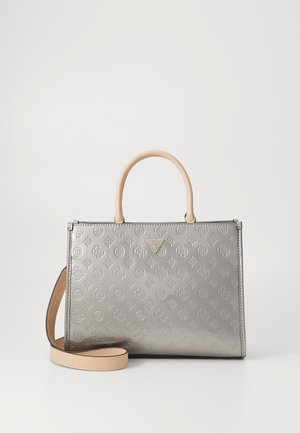 Silver synthetic handbag with embossed floral pattern, beige leather handles, and shoulder strap. Rectangular shape with metal hardware accents.