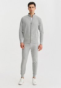 Szara kurtka na zamek z wysokim kołnierzem oraz dopasowane, zwężane spodnie dresowe. Oba elementy wykonane są z miękkiej tkaniny, mają ściągacze na mankietach i prosty, elegancki design.