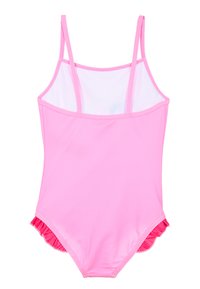 Rosa Einteiler-Badeanzug mit Spaghetti-Trägern, einem Netzrücken und Rüschenakzenten an den Beinausschnitten. Aus glattem, dehnbarem Stoff gefertigt.