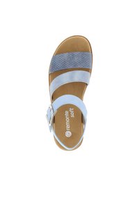 Light blue sandal with three straps: one smooth, one perforated, and one faux leather. Adjustable buckle; cushioned footbed.