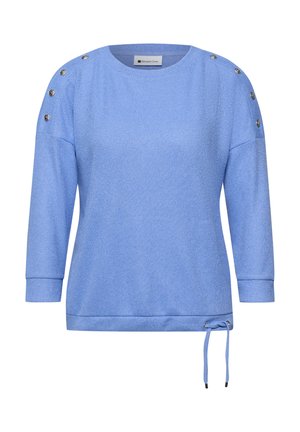 Světlě modrý pletený svetr s kulatým výstřihem, knoflíkovými detaily na ramenou, tříčtvrtečními rukávy a nastavitelným stahovacím lemem.