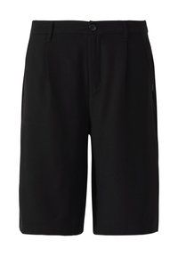 Schwarze Shorts aus gewebtem Stoff mit einem vorderen Knopfverschluss, seitlichen Taschen und einem geraden Bein-Design. Glatte Textur, keine Muster.