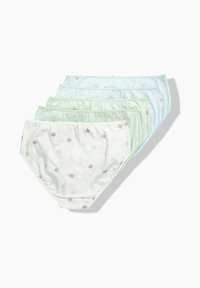 Vijf paar katoenen onderbroekjes in lichte kleuren: wit met bloemenpatronen, zachtgroen en lichtblauw. Beschikt over een elastische tailleband en een volledig dek ontwerp.