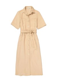 Beiges Hemdkleid aus weichem Stoff, mit kurzen Ärmeln, einem Kragen, zwei Brusttaschen, Knopfverschluss und einem gebundenen Taillengürtel.
