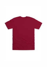 T-shirt bordeaux, maniche corte, collo tondo, materiale cotone, texture liscia, senza grafiche o design, mostrato da dietro.