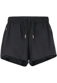 Pantalones cortos deportivos negros hechos de un material ligero, con una cintura elástica, cordón ajustable y bolsillos laterales con cremallera.