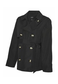 Svart trench coat med dubbelknäppt design, gyllene knappar, breda slag och ett knytbälte. Tillverkad av slät tyg med en skräddarsydd passform.