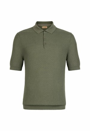 Polo a maniche corte in verde oliva, realizzato in tessuto a maglia testurizzata, con colletto piatto, patta con tre bottoni e polsini a coste.