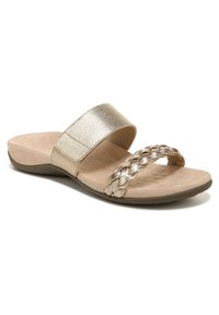 Braided metallic gold slide sandal with a wide strap, soft beige footbed, and textured outsole. Ideal for casual wear.