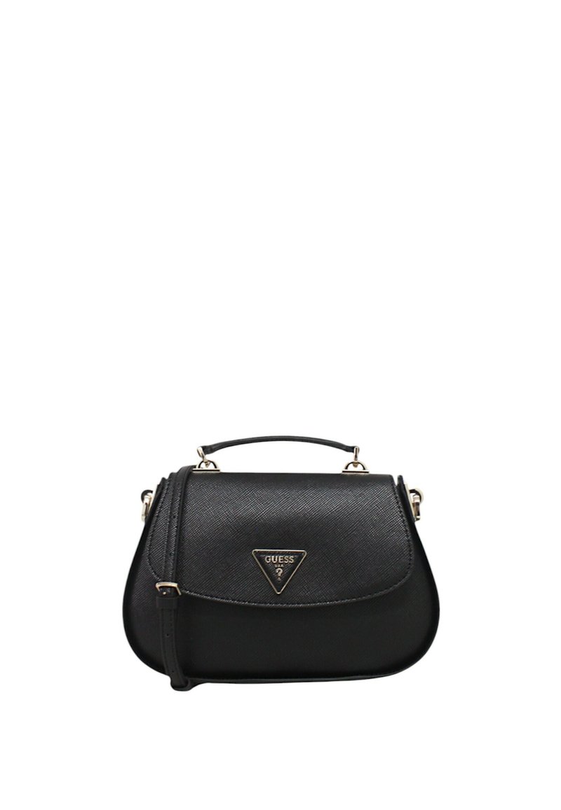 Borsa nera realizzata in materiale sintetico testurizzato, con una forma curva, hardware color oro e un logo triangolare. Tracolla rimovibile.