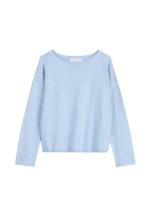 Jasnoniebieski sweter z długim rękawem i szerokim dekoltem. Wykonany z gładkiego materiału, o luźnym kroju, ze ściągaczami przy mankietach i na dole. Widoczna metka marki.