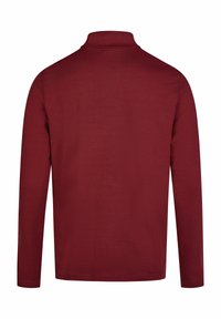 Burgundi pika pika lipsukleid, millel on kõrge krae, valmistatud sujuvast kangast; omab puhtat disaini ja pole nähtavaid mustreid ega aktsente.