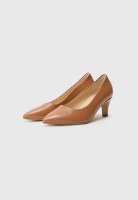 Beżowe skórzane buty na wysokim obcasie z ostrym noskiem, eleganckim designem i umiarkowaną wysokością obcasa. Gładka tekstura z minimalnymi ozdobami.