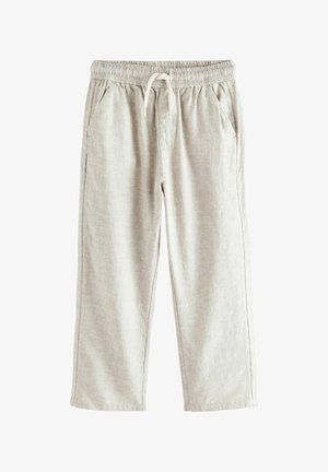 Jasno-beżowe spodnie z lnu syntetycznego z elastycznym pasem i sznurkiem, z bocznymi kieszeniami oraz swobodnym, szerokim krojem nogawek.