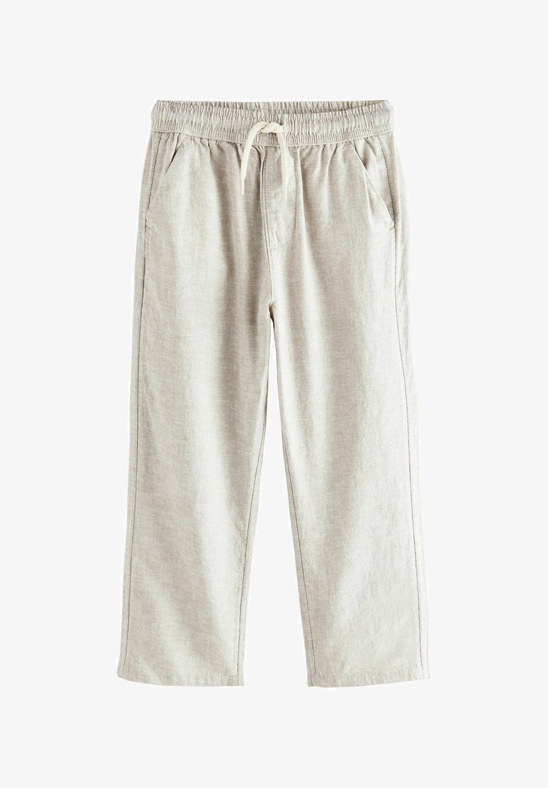 Pantaloni in misto lino beige chiaro con vita elasticizzata e cordoncino, dotati di tasche laterali e un design rilassato con gamba larga.