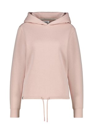 Hoodie rose clair fabriqué en tissu doux, doté d'un cordon de serrage à l'ourlet, de longues manches et d'une capuche spacieuse. Texture lisse avec des poignets à côtes.