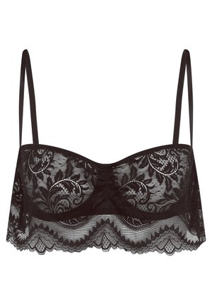 Schwarzer Spitzen-BH mit floralen Mustern, gewellten Kanten und dünnen Trägern. Besitzt eine weiche, transparente Textur und ein strukturiertes Design.